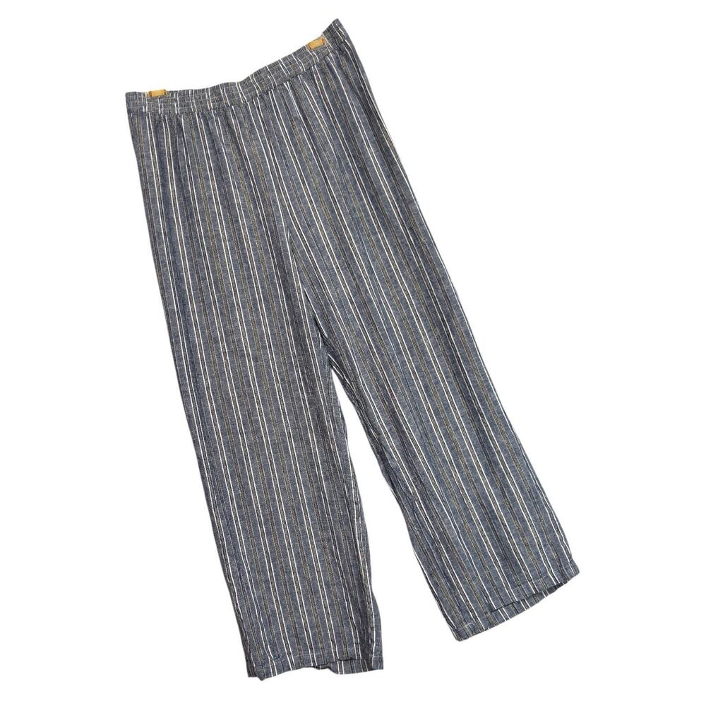 Wide Leg Crop Pants Blue Stripe Linen Blend Pull-On L Metallic Lagenlook
